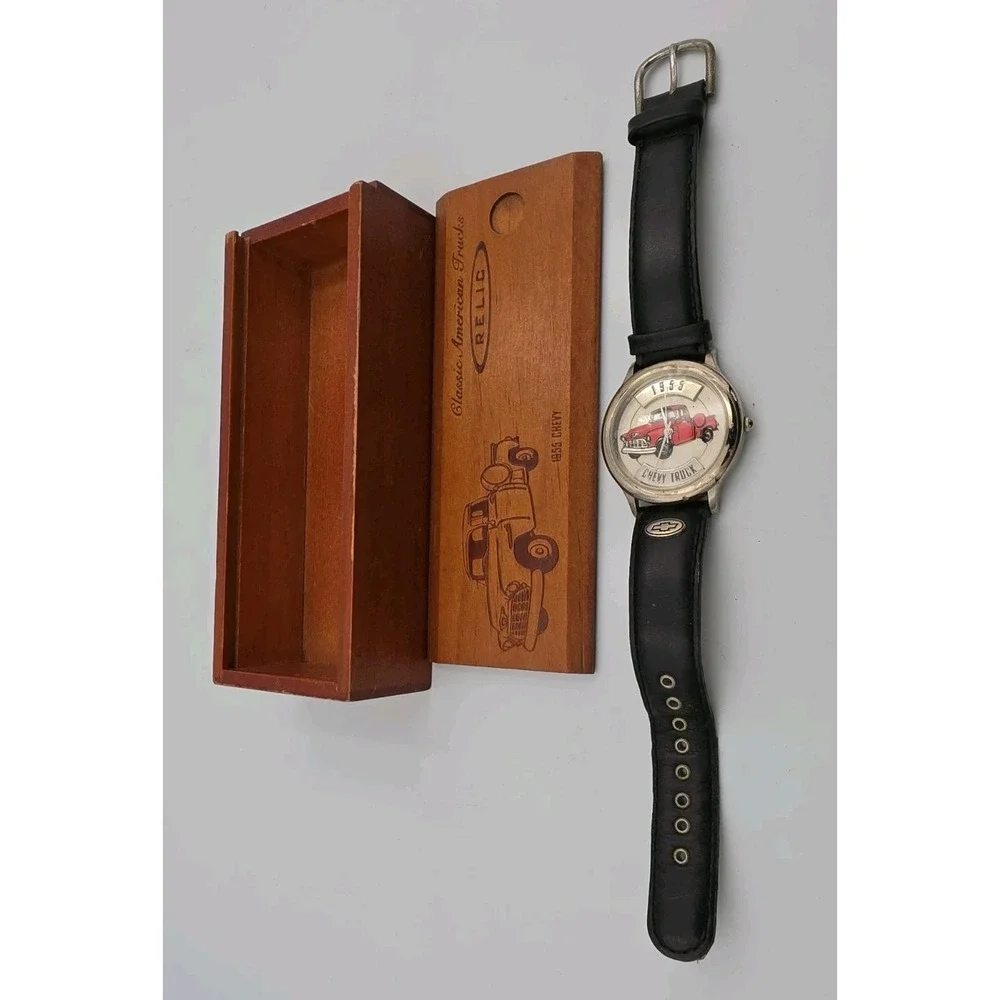 Relic Chevy Truck 1955 Watch Japan Leather Band ZR 94707 with Wood Box